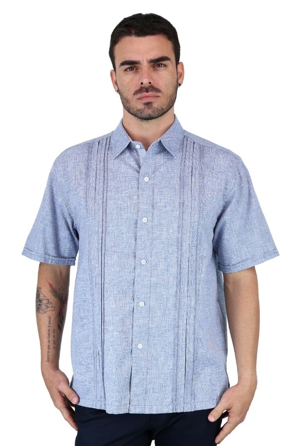 Guayamisa Manga Corta Azul Plúmbago Con Alforza Textura Lino Hombre